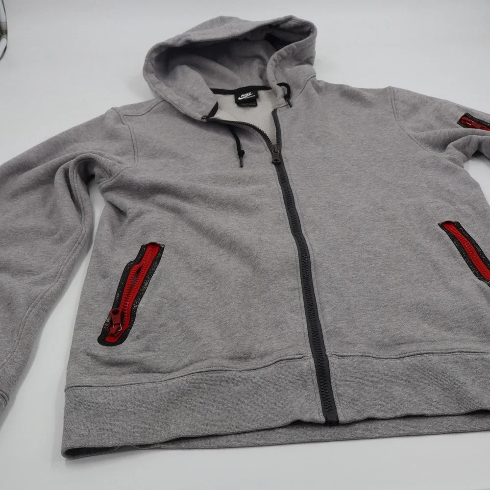 Nike Sportswear Hoodie Mens‎ Medium Grey Red Bonded Zip Tech Fleece NSW Full Zip